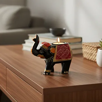 Hand Painted Wooden Elephant Tea Light Holder – Black Multicolour