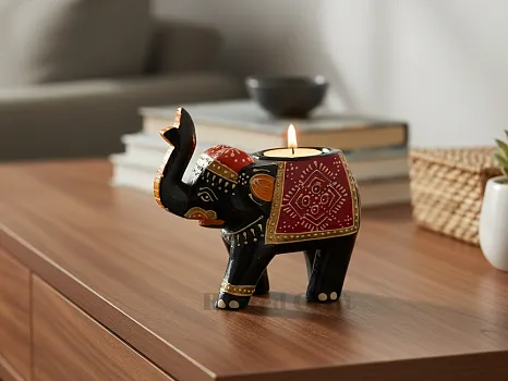 Hand Painted Wooden Elephant Tea Light Holder – Black Multicolour