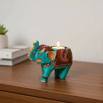 Hand Painted Wooden Elephant Tea Light Holder – Blue Multicolour
