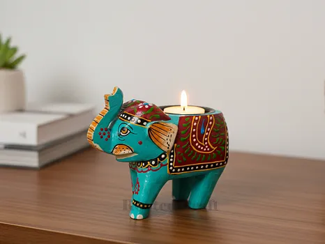 Hand Painted Wooden Elephant Tea Light Holder – Blue Multicolour