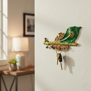 Krishna Flute Key Holder – 3 Hook Metal Wall Key Stand with Peacock Feather Design