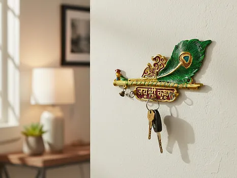 Krishna Flute Key Holder – 3 Hook Metal Wall Key Stand with Peacock Feather Design