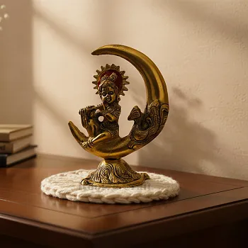 Chand Krishna Metal Idol – Golden | Bal Krishna on Moon Showpiece | Decorative Murti for Home, Mandir & Gifting