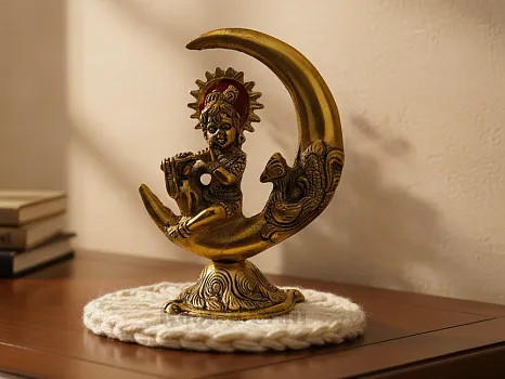 Chand Krishna Metal Idol – Golden | Bal Krishna on Moon Showpiece | Decorative Murti for Home, Mandir & Gifting