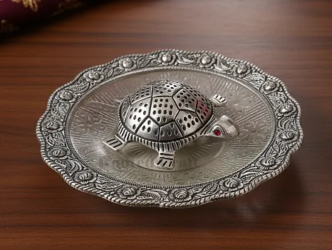 Silver Metal Tortoise with Glass Plate Feng Shui Vastu Tortoise Showpiece for Home & Office