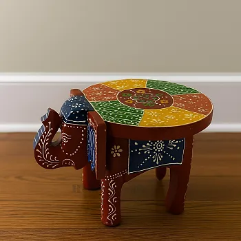 Wooden Handprinted Elephant Stool – Multicolour Decorative Mini Table for Home Décor & Gifting