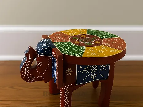 Wooden Handprinted Elephant Stool – Multicolour Decorative Mini Table for Home Décor & Gifting