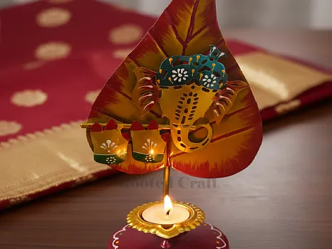 Hand Painted Pan Ganesh T-Light Holder Multicolour Metal Tea Light Stand for Home & Festive Décor