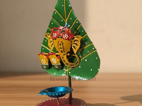 Pan Leaf Ganesh Metal T-Light Holder | Handcrafted Multicolour Tea Light Stand for Diwali & Pooja Room