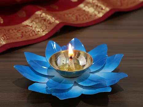 Metal Lotus Diya with Brass Bowl – Blue | Traditional Pooja Diya for Home, Temple & Festival Lighting
