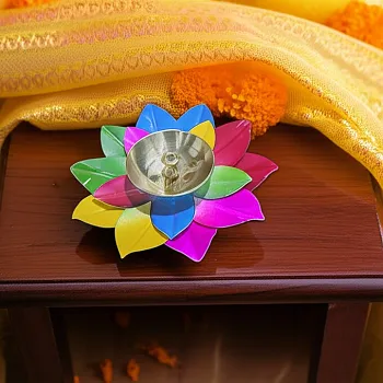 Multicolour Metal Brass Lotus Diya – 4 Inch | Decorative Festival Diya for Pooja & Home Décor