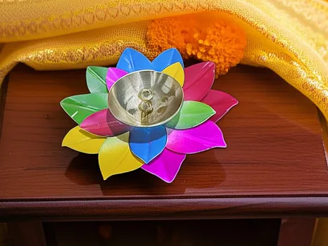 Multicolour Metal Brass Lotus Diya – 4 Inch | Decorative Festival Diya for Pooja & Home Décor