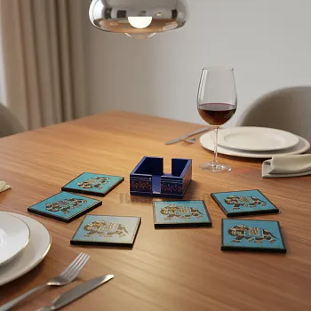 Wooden Elephant Design Coaster Set | Hand-Painted Blue Tea & Coffee Coasters