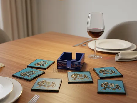Wooden Elephant Design Coaster Set | Hand-Painted Blue Tea & Coffee Coasters