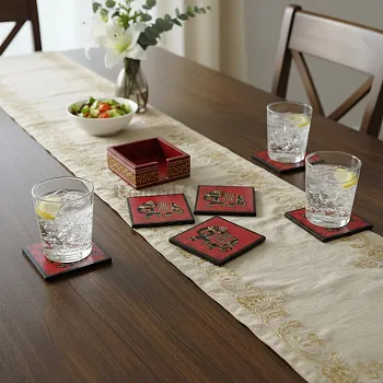 Traditional Elephant Art Coaster Set – Red | Wooden Coasters for Dining & Office Use