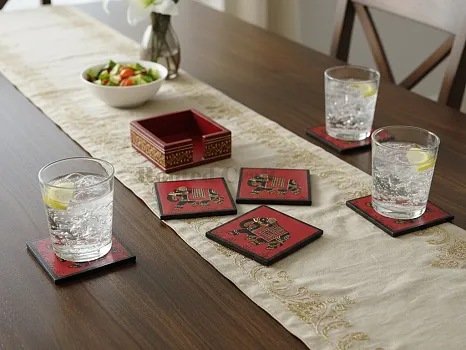 Traditional Elephant Art Coaster Set – Red | Wooden Coasters for Dining & Office Use