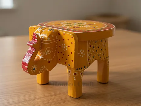 Wooden Hand-Painted Elephant Stool – Yellow Decorative Table for Home Décor