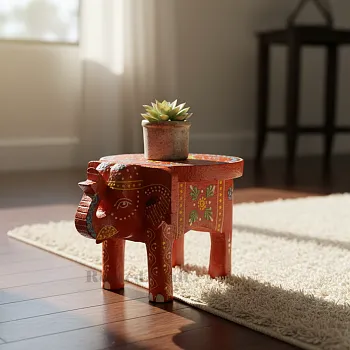 Wooden Handpainted Elephant Stool – Orange | Decorative Mini Elephant Table for Home Déco