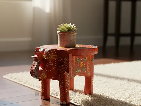 Wooden Handpainted Elephant Stool – Orange | Decorative Mini Elephant Table for Home Déco
