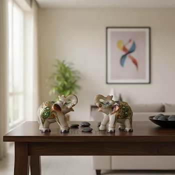 Traditional Marble Painted Elephant Statues Golden Multicolour Elephant Figurines for Home Decor – Set of 2