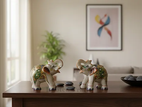 Traditional Marble Painted Elephant Statues Golden Multicolour Elephant Figurines for Home Decor – Set of 2