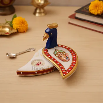 Decorative Marble Peacock Kumkum Chopra Handpainted Akashat Chopra for Mandir & Festivals