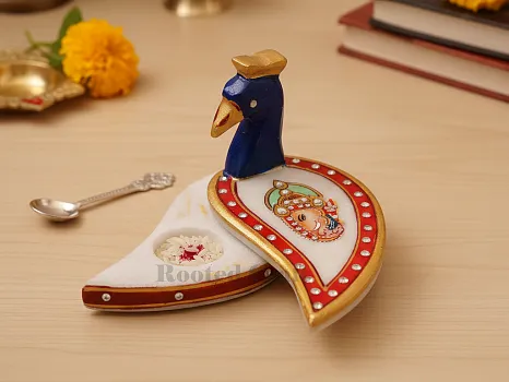 Decorative Marble Peacock Kumkum Chopra Handpainted Akashat Chopra for Mandir & Festivals