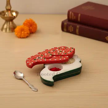 Traditional Marble Kumkum Chopra – Handpainted Multicolour Pooja Akashat Box