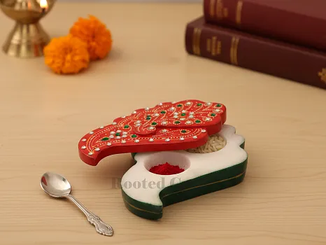 Traditional Marble Kumkum Chopra – Handpainted Multicolour Pooja Akashat Box