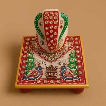 Traditional Marble Ganesh Choki for Mandir Handpainted Ganesh Statue for Home