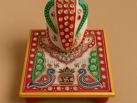 Traditional Marble Ganesh Choki for Mandir Handpainted Ganesh Statue for Home