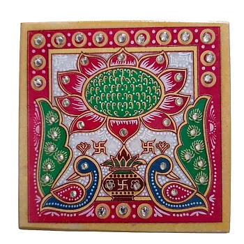 Traditional Marble Hand Painted Choki Festival Pooja Chowki for Home & Office