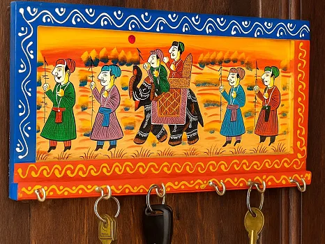Hand Painted Wooden Key Chain Holder 6 Hooks | Rajasthani Artwork Key Hanger for Home Decor