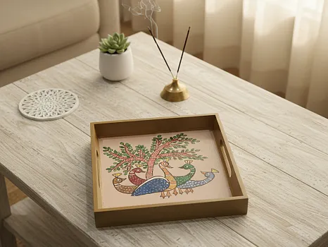 Decorative Wooden Tray Hand Painted with Traditional Motif Multipurpose Serving Tray