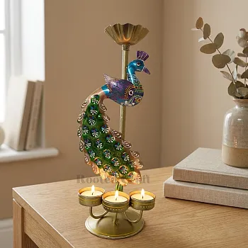 Decorative Peacock Candle Holder Hand Painted Metal Tea Light Stand for Home