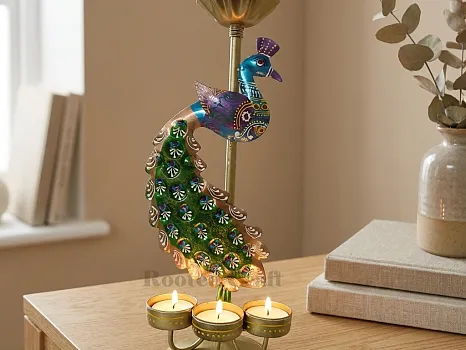 Decorative Peacock Candle Holder Hand Painted Metal Tea Light Stand for Home