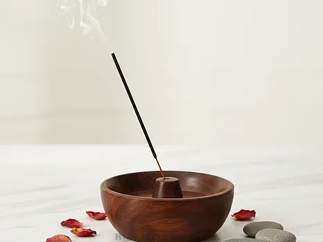 Handmade Wooden Agarbatti Stand with Ash Catcher – Brown Finish